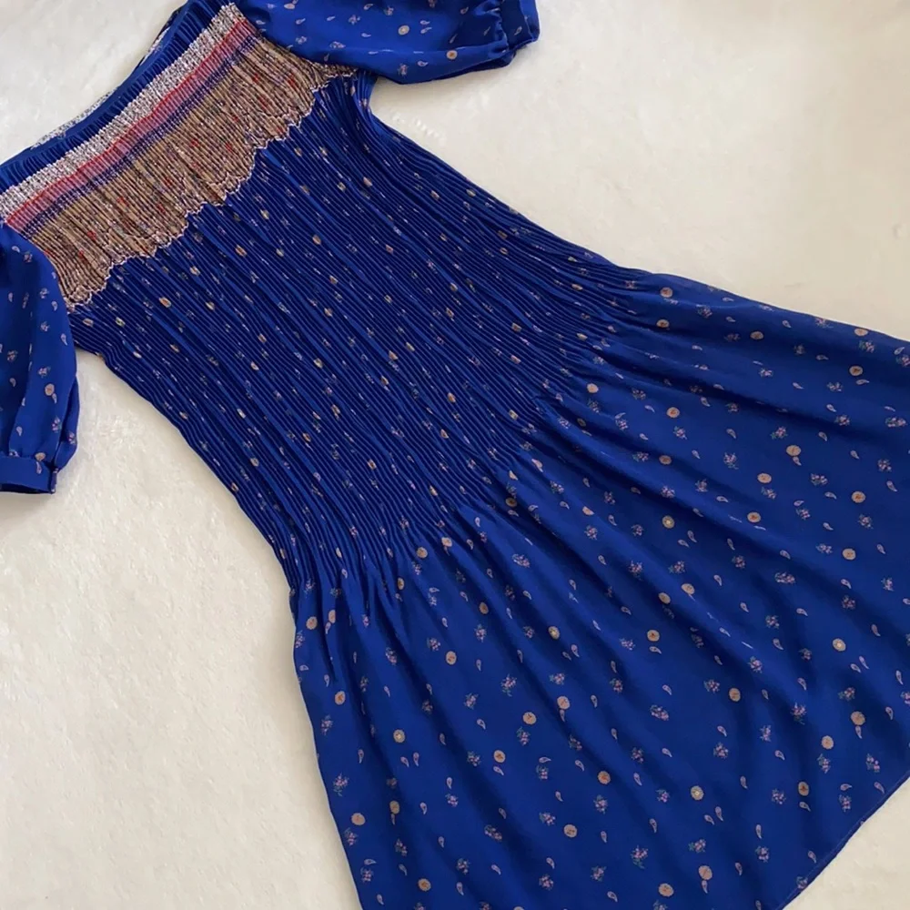 Vintage | Puff Sleeve Accordion Pleat Drop Waist Midi Dress Blue Floral Boho - Picture 16 of 16